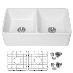 Lordear Framhouse Kitchen Sink White Fireclay Apron Front Sink (Color: White, size: 33" * 18" * 10")