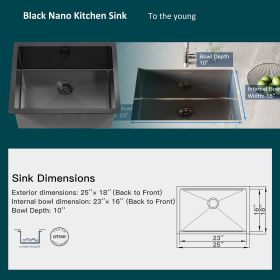 Gloss Black Ceramic Coating with NanoTek Undermount Kitchen Sink;  16 Gauge Stainless Steel Wet Bar or Prep Sinks Single Bowl (size: 25x18x10")