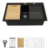 Drop In Quartz Workstation Kitchen Sink Top mount Single Bowl Granite Composite Sink with Roll-up Drying Rack, Cutting Board, Bottom Grid and Strainer